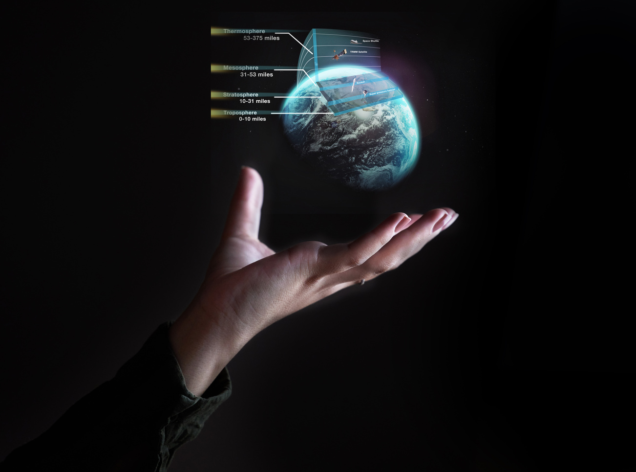 Hand, globe and hologram overlay with a user of ai or 3d technology accessing the metaverse for space travel. World, software and holographic with a person using a ux interface or dashboard