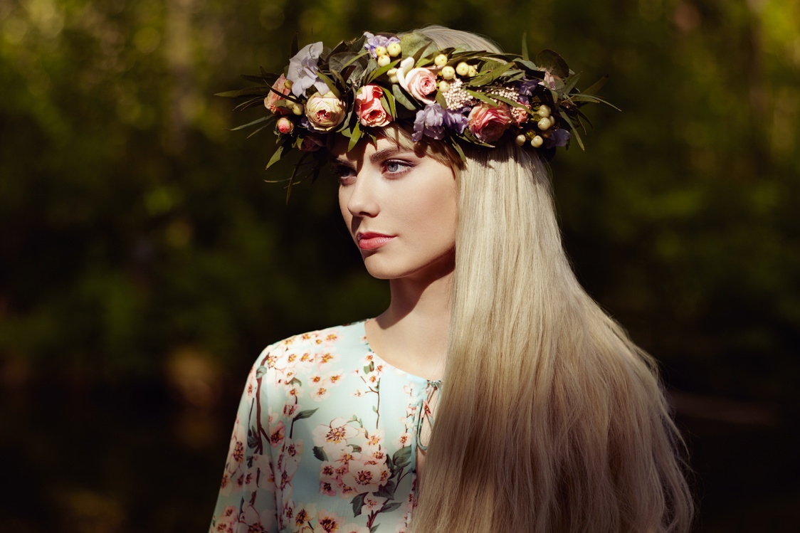 Beautiful Blonde Woman with Flower Crown 